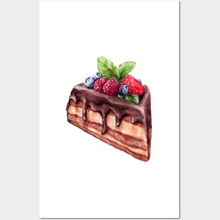 Piece of chocolate cake with berry Posters and Art
